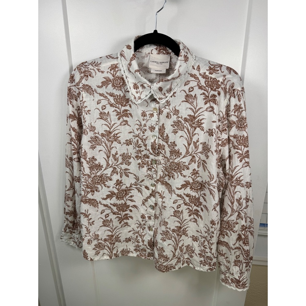 Laura Ashley 100% Linen Floral Toile Blouse Lace Trim Cottagecore Prairie L